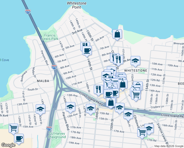map of restaurants, bars, coffee shops, grocery stores, and more near 149-02 11th Avenue in Queens