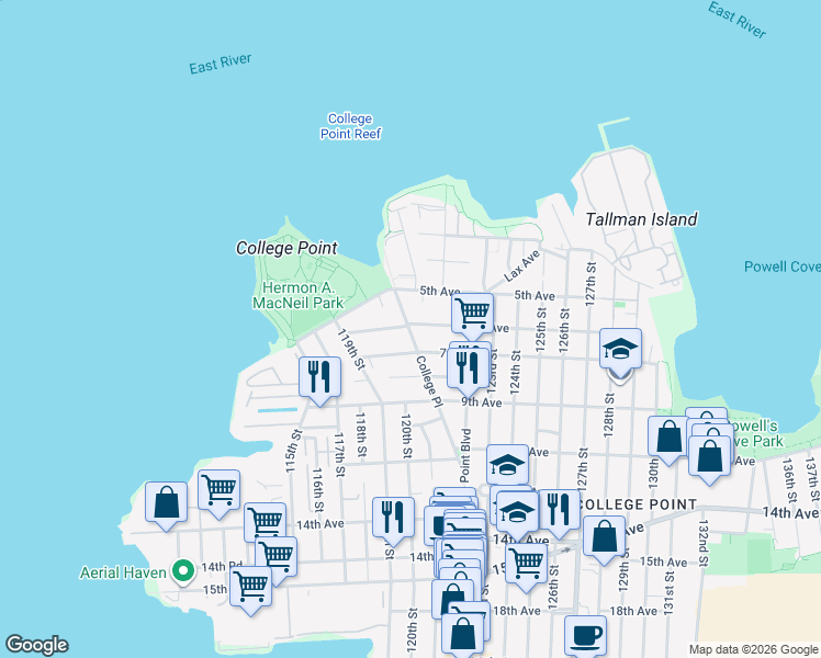 map of restaurants, bars, coffee shops, grocery stores, and more near 11955 7th Avenue in Queens