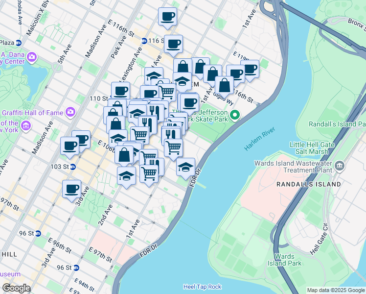 map of restaurants, bars, coffee shops, grocery stores, and more near in New York