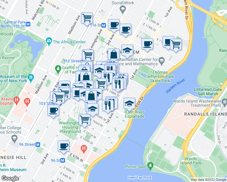 map of restaurants, bars, coffee shops, grocery stores, and more near 338 East 108th Street in New York