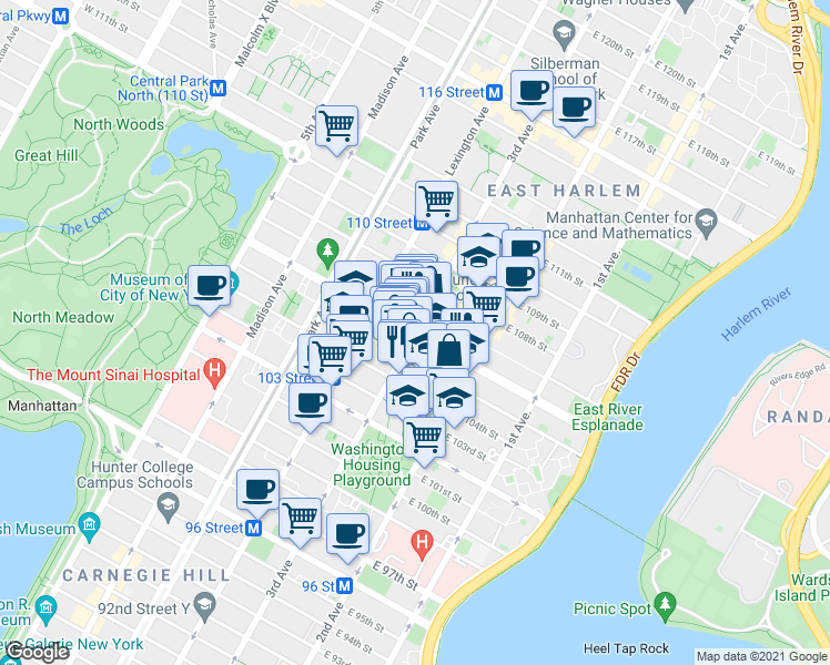map of restaurants, bars, coffee shops, grocery stores, and more near 218 East 106th Street in New York