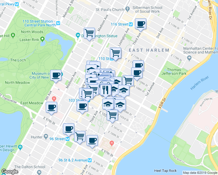 map of restaurants, bars, coffee shops, grocery stores, and more near in New York