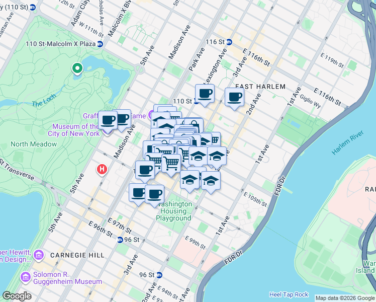 map of restaurants, bars, coffee shops, grocery stores, and more near in New York