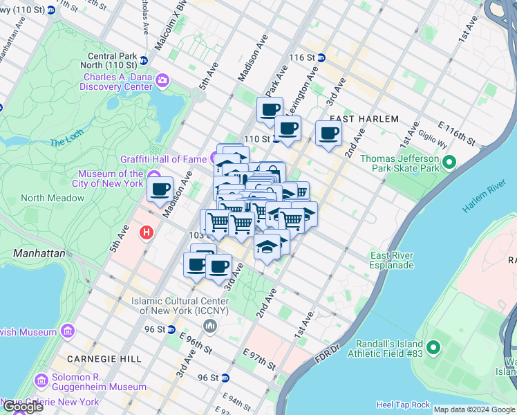 map of restaurants, bars, coffee shops, grocery stores, and more near in New York