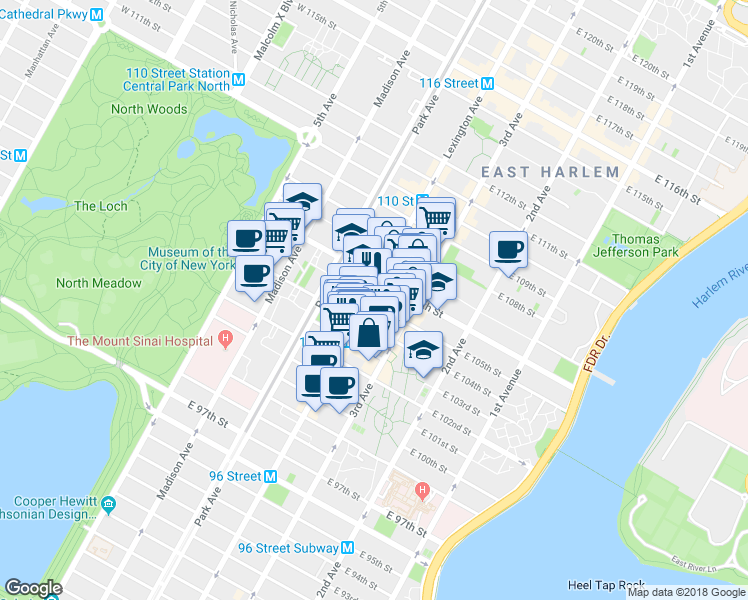 map of restaurants, bars, coffee shops, grocery stores, and more near in New York