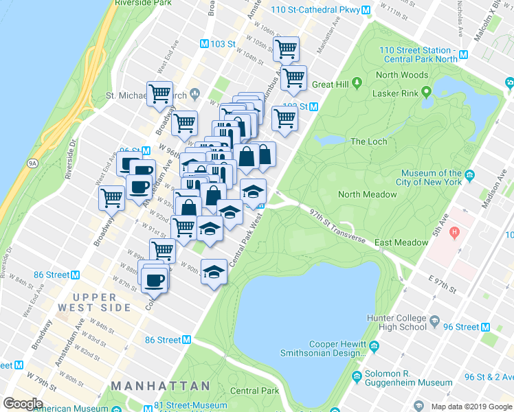 map of restaurants, bars, coffee shops, grocery stores, and more near 350 Central Park West in New York
