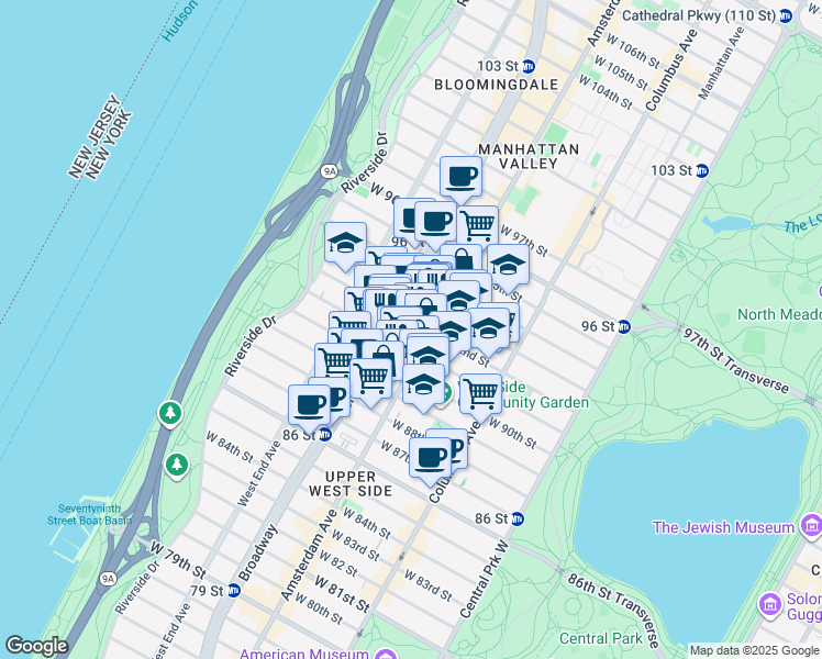 map of restaurants, bars, coffee shops, grocery stores, and more near 166 West 92nd Street in New York