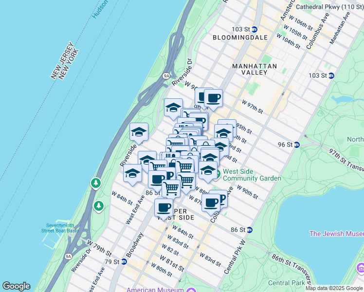 map of restaurants, bars, coffee shops, grocery stores, and more near 250 West 90th Street in New York
