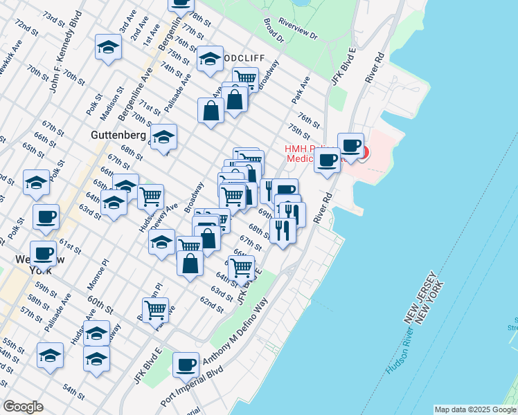 map of restaurants, bars, coffee shops, grocery stores, and more near 6811 Bellevue Avenue in Guttenberg