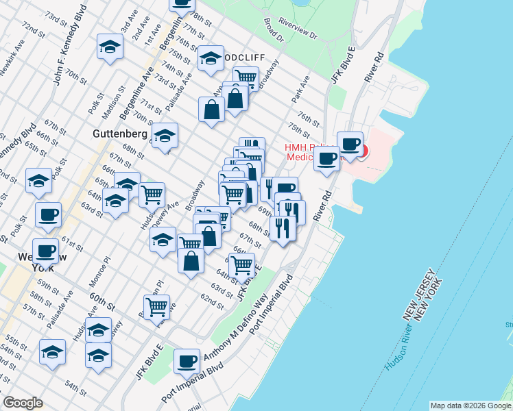 map of restaurants, bars, coffee shops, grocery stores, and more near 6811 Bellevue Avenue in Guttenberg