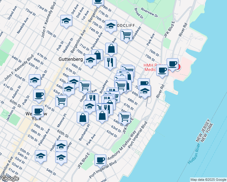 map of restaurants, bars, coffee shops, grocery stores, and more near in West New York