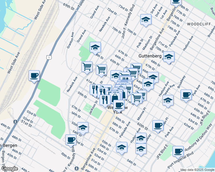 map of restaurants, bars, coffee shops, grocery stores, and more near 6103 Polk Street in West New York