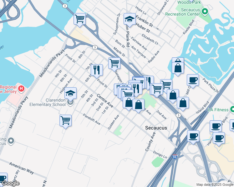 map of restaurants, bars, coffee shops, grocery stores, and more near 163 Front Street in Secaucus
