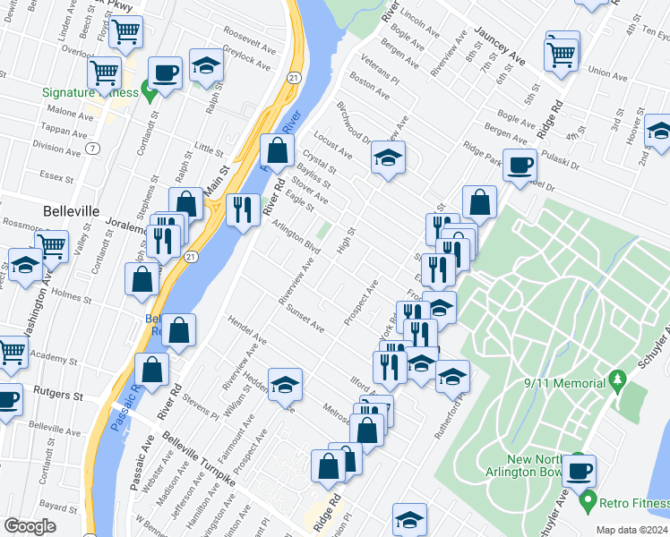 map of restaurants, bars, coffee shops, grocery stores, and more near 15 Bond Place in North Arlington