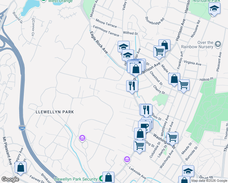 map of restaurants, bars, coffee shops, grocery stores, and more near 77 Glen Avenue in West Orange