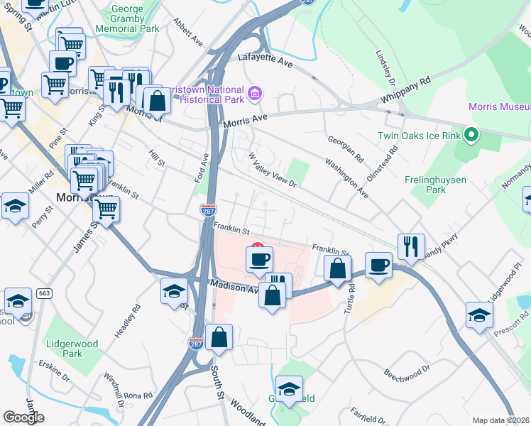map of restaurants, bars, coffee shops, grocery stores, and more near 114 Franklin Street in Morristown