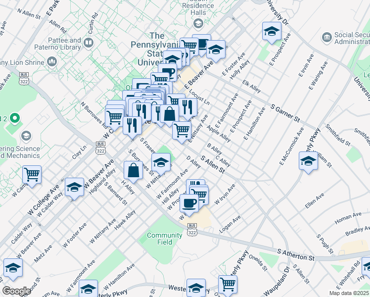 map of restaurants, bars, coffee shops, grocery stores, and more near 118 West Nittany Avenue in State College