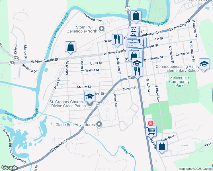 map of restaurants, bars, coffee shops, grocery stores, and more near 100 Hazel Street in Zelienople