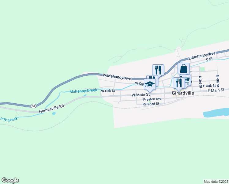 map of restaurants, bars, coffee shops, grocery stores, and more near 18 Julia Street in Girardville
