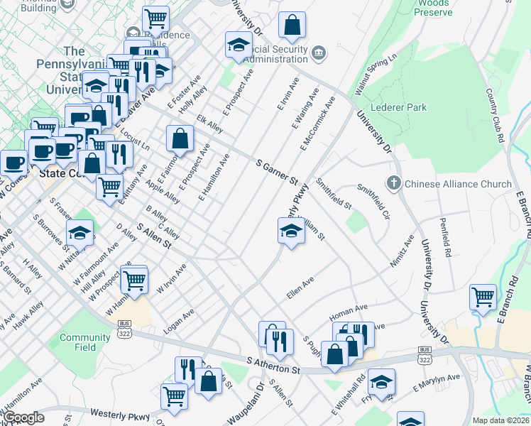 map of restaurants, bars, coffee shops, grocery stores, and more near 200-398 East McCormick Avenue in State College