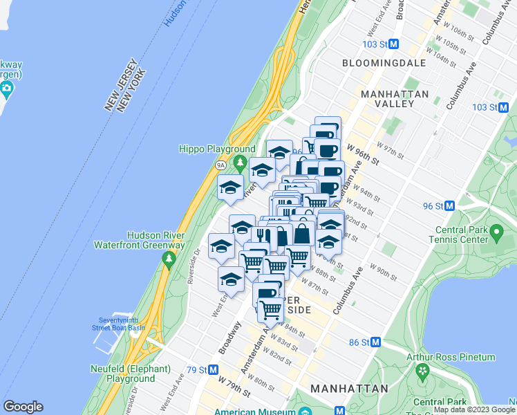 map of restaurants, bars, coffee shops, grocery stores, and more near 312 West 90th Street in New York