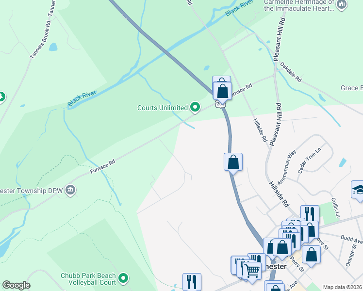 map of restaurants, bars, coffee shops, grocery stores, and more near 9 Main Street in Chester