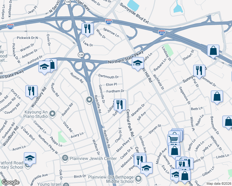 map of restaurants, bars, coffee shops, grocery stores, and more near 144 Sutton Drive in Plainview