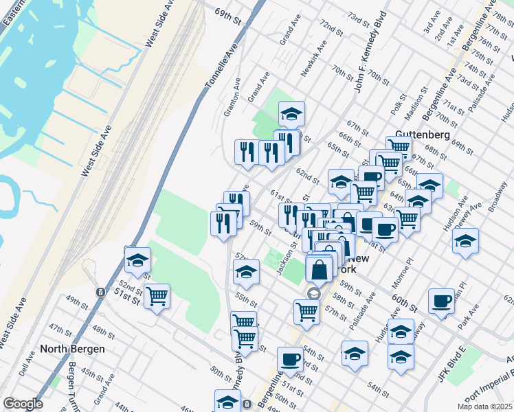 map of restaurants, bars, coffee shops, grocery stores, and more near 5900 John F. Kennedy Boulevard in West New York