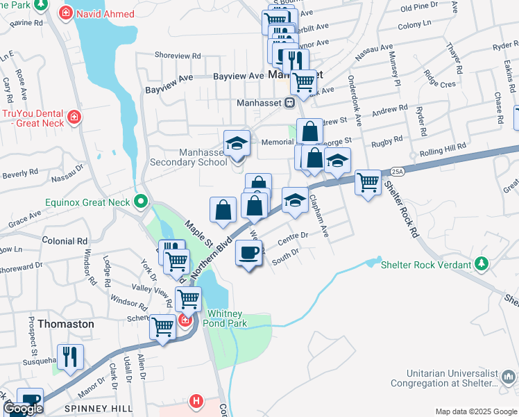 map of restaurants, bars, coffee shops, grocery stores, and more near 11 Northern Boulevard in Manhasset