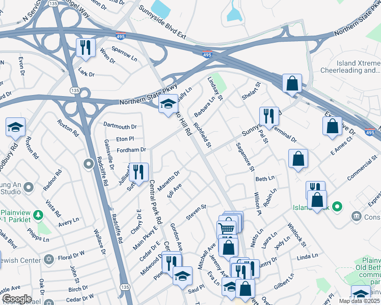 map of restaurants, bars, coffee shops, grocery stores, and more near 7 Manetto Drive in Plainview