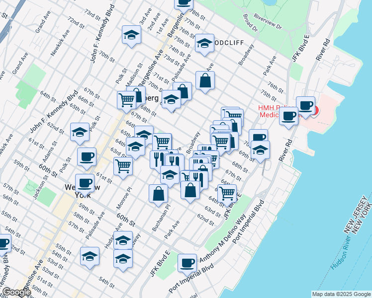 map of restaurants, bars, coffee shops, grocery stores, and more near 6600 Broadway in West New York