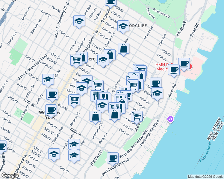 map of restaurants, bars, coffee shops, grocery stores, and more near 6611 Broadway in West New York