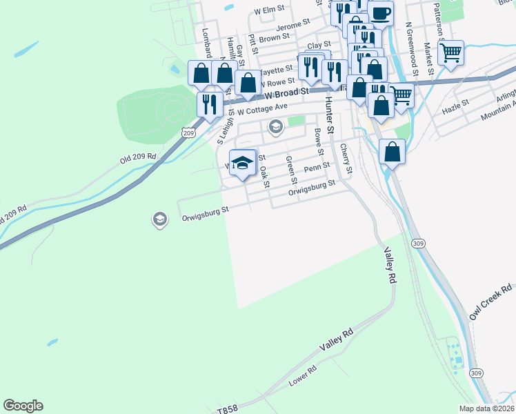 map of restaurants, bars, coffee shops, grocery stores, and more near 328 Orwigsburg Street in Tamaqua