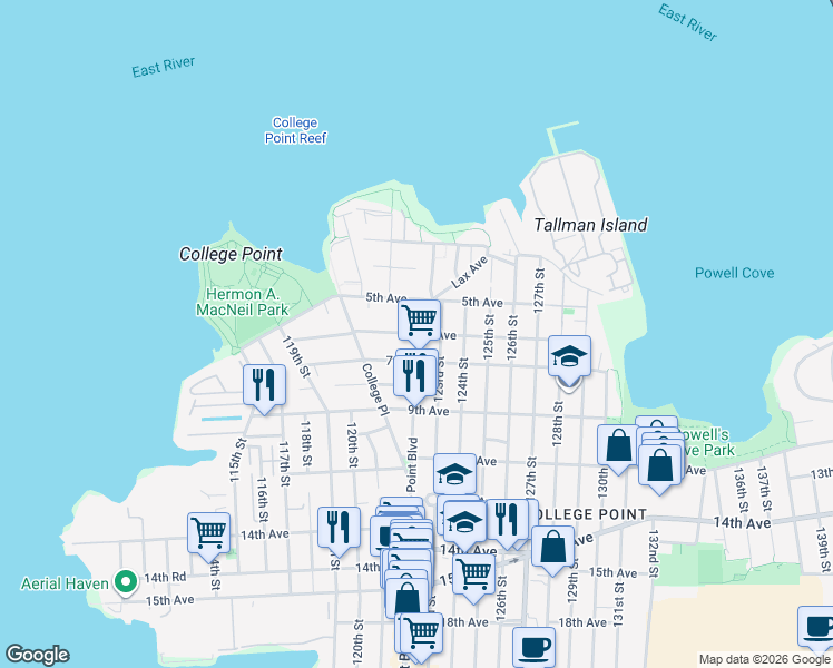 map of restaurants, bars, coffee shops, grocery stores, and more near College Point Boulevard & 6th Avenue in Queens