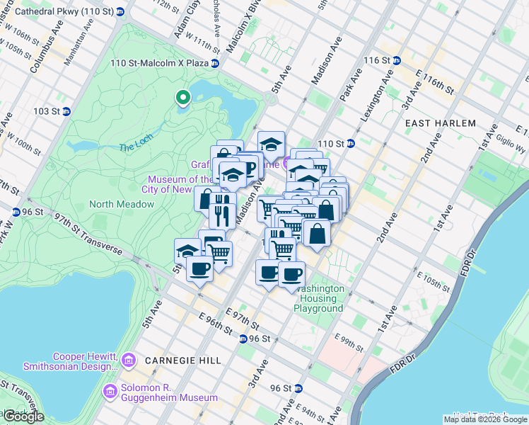 map of restaurants, bars, coffee shops, grocery stores, and more near 60 East 104th Street in New York