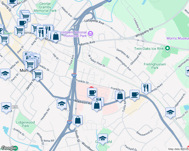 map of restaurants, bars, coffee shops, grocery stores, and more near 114 Franklin Street in Morristown