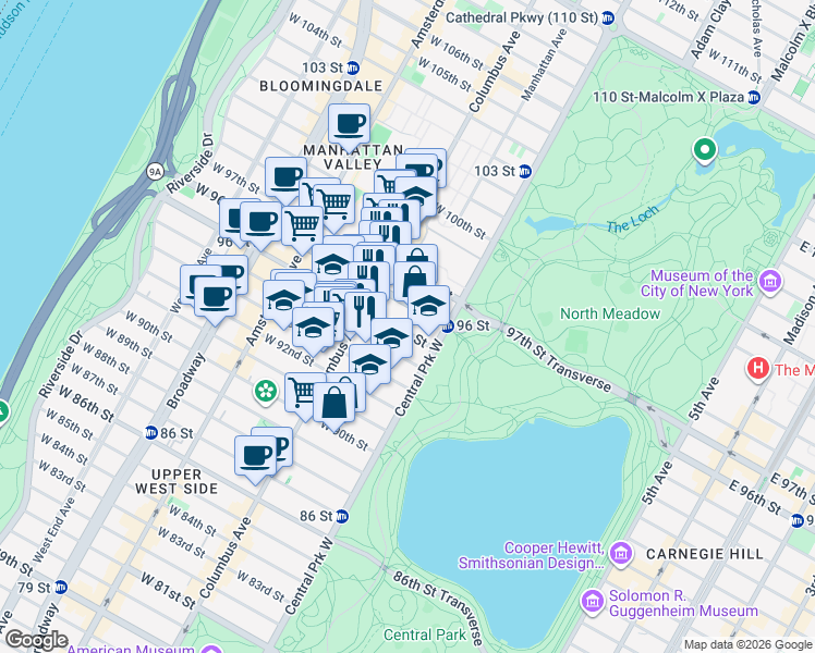 map of restaurants, bars, coffee shops, grocery stores, and more near 31 West 95th Street in New York
