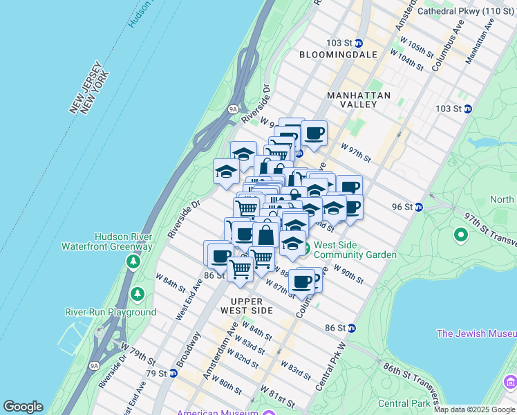 map of restaurants, bars, coffee shops, grocery stores, and more near 254 West 91st Street in New York