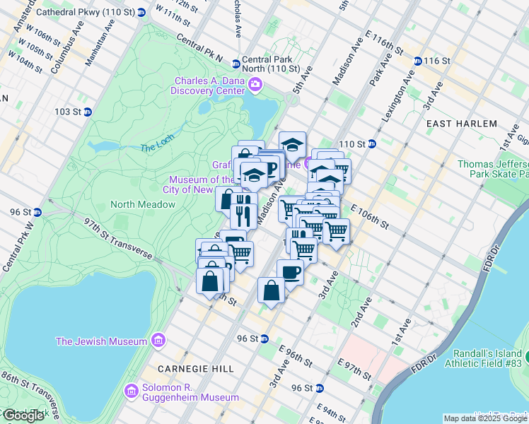 map of restaurants, bars, coffee shops, grocery stores, and more near Madison Ave & E 103rd St in New York