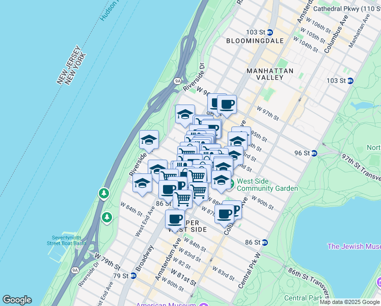 map of restaurants, bars, coffee shops, grocery stores, and more near 250 West 90th Street in New York