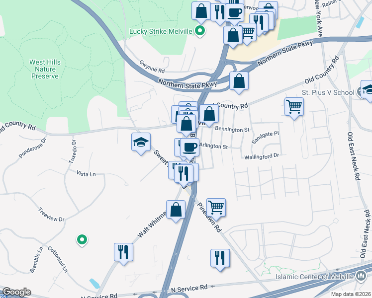 map of restaurants, bars, coffee shops, grocery stores, and more near 1144 Walt Whitman Road in Melville