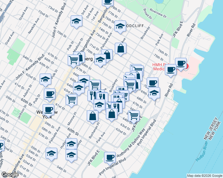 map of restaurants, bars, coffee shops, grocery stores, and more near Broadway & 67th Street in West New York