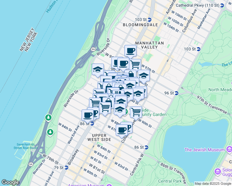 map of restaurants, bars, coffee shops, grocery stores, and more near 206 West 92nd Street in New York