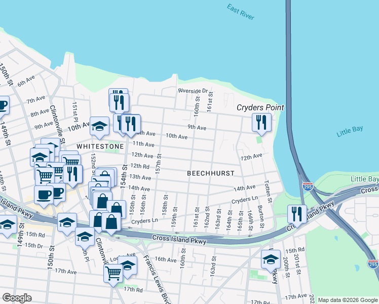 map of restaurants, bars, coffee shops, grocery stores, and more near 1203 160th Street in Queens