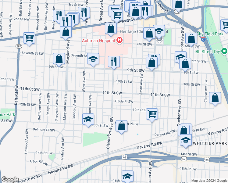 map of restaurants, bars, coffee shops, grocery stores, and more near 1036 Clarendon Avenue Southwest in Canton
