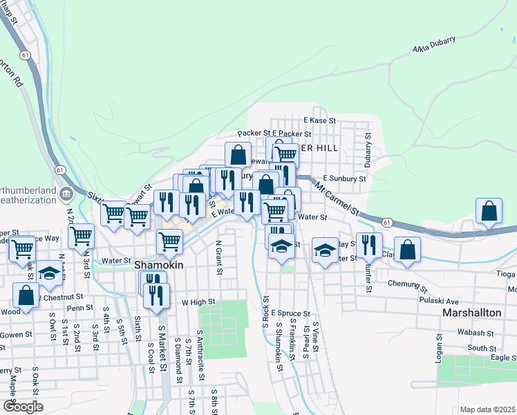 map of restaurants, bars, coffee shops, grocery stores, and more near 415 North Washington Street in Shamokin