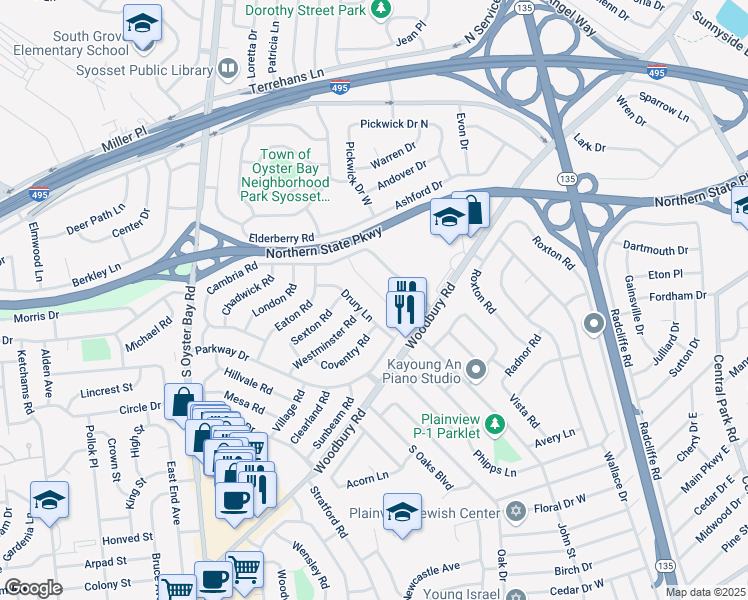 map of restaurants, bars, coffee shops, grocery stores, and more near 28 Drury Lane in Syosset