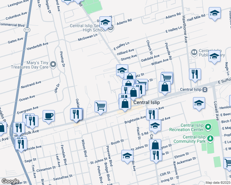 map of restaurants, bars, coffee shops, grocery stores, and more near 520 Allyn Lane in Central Islip