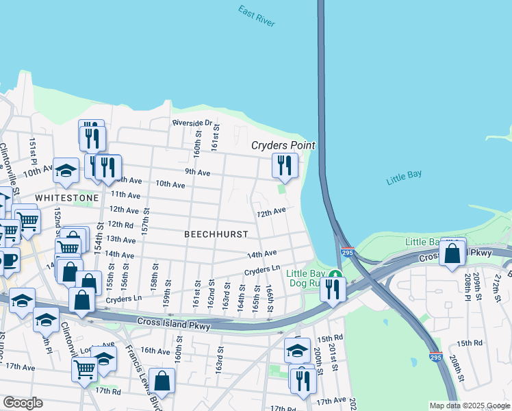 map of restaurants, bars, coffee shops, grocery stores, and more near 1040 Burton Street in Queens