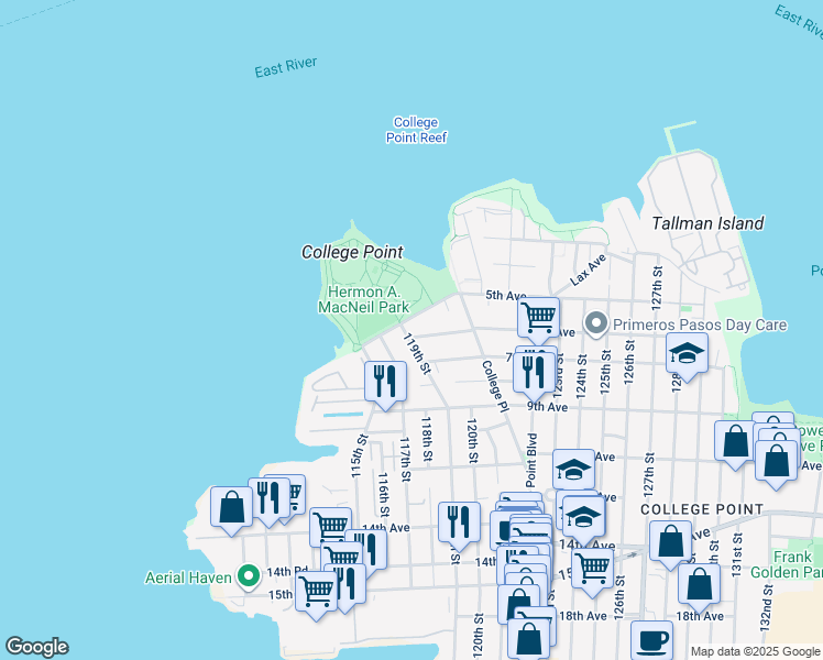 map of restaurants, bars, coffee shops, grocery stores, and more near 5-21 117th Street in Queens